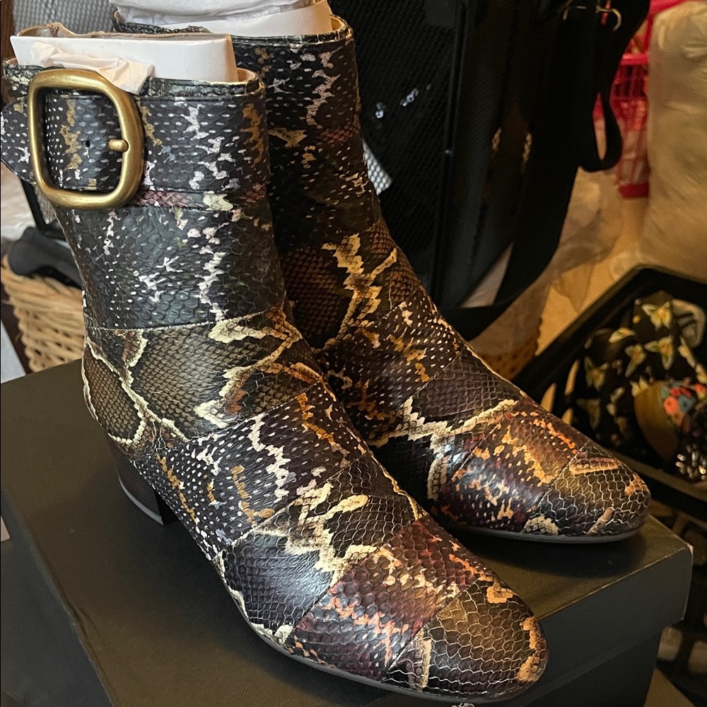 Coach Snake-Print Ankle Boots with Buckle - Black/Brown/Cream - Picture 3 of 8
